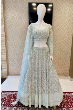 Aqua Blue Beads, Sequins And Zari Work Crop Top Designer Bridal Lehenga