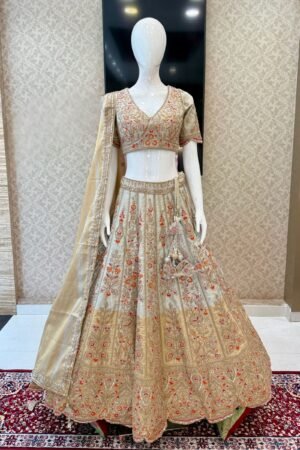 Light Grey Zari, Beads, Sequins And Multicolor Embroidery Work Crop Top Designer Bridal Lehenga