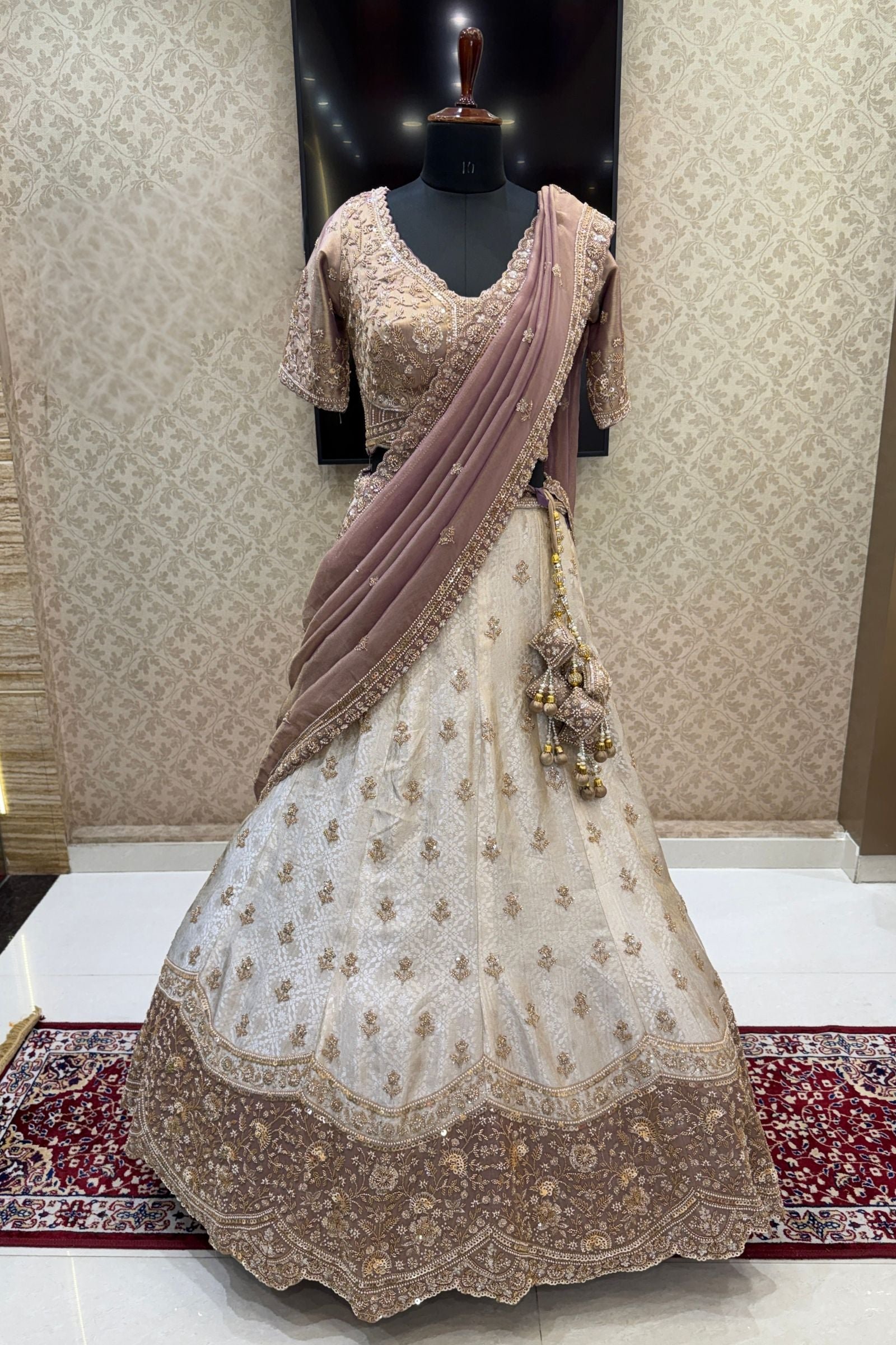 Cream With Lavender Sequins, Pearl, Beads And Zardozi Work Crop Top Designer Bridal Lehenga