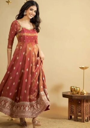 Orange Embroidered Silk Anarkali Set
