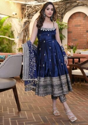 Navy Blue Embroidered Vichitra Anarkali Set