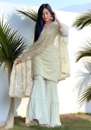 Pista Green Embroidered Georgette Sharara Set