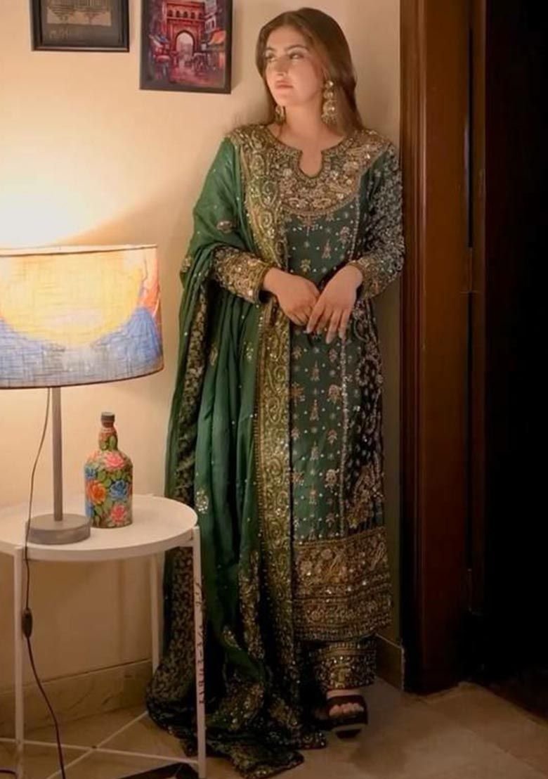 Green Embroidered Georgette Anarkali Set