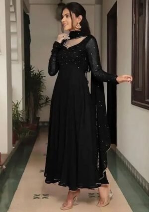 Black Embellished Georgette Anarkali With Dupatta
