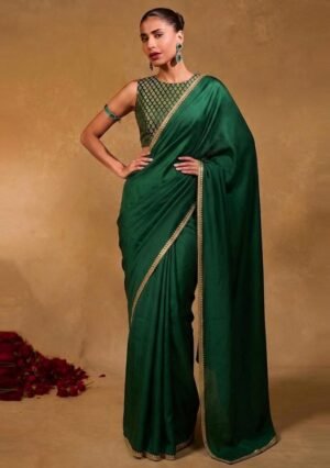 Green Jacquard Handwork Pre Draped Saree Set