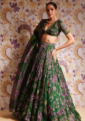 Green Sequin Silk Blend Lehenga Set