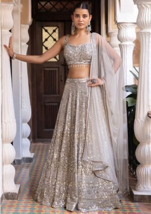 Silver Embroidered Silk Blend Lehenga Set With Dupatta