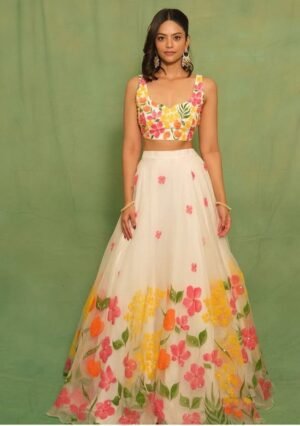White Sequins Work Silk Blend Lehenga Choli