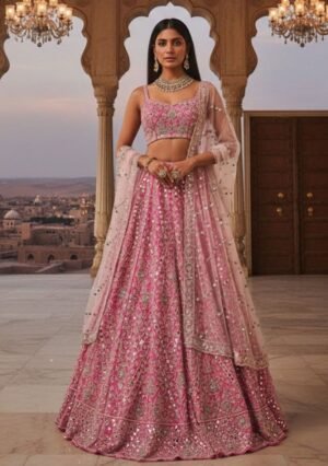 Pink Embroidered Silk Blend Lehenga Set