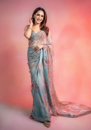 Sky Blue Motif Silk Blend Saree Set