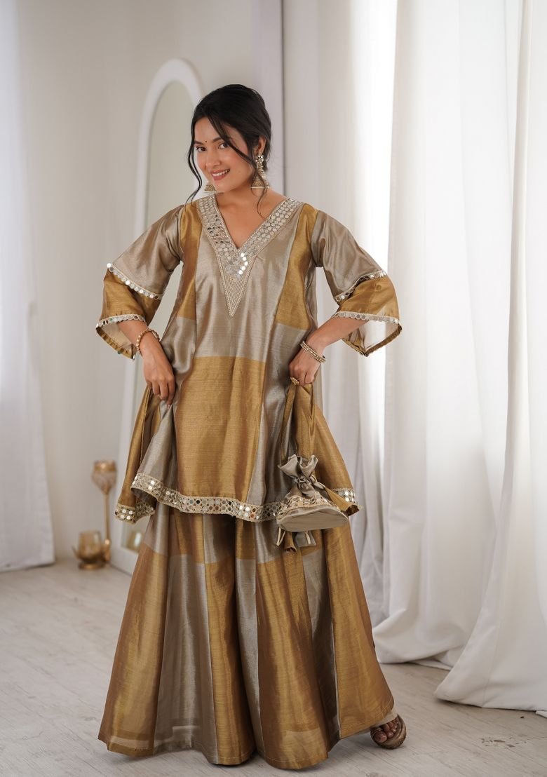 Brown Embroidered Tissue Anarkali Set