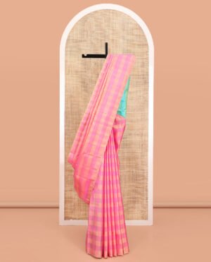 Borderless Pink Mayuri Soft Silk Saree, Adorned With Checked Designs On Its Body, Complemented By A Contrast Striped Pallu, And Paired With A Contrast Blouse