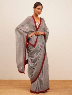 Grey Kota Hand Block Print Printed Saree
