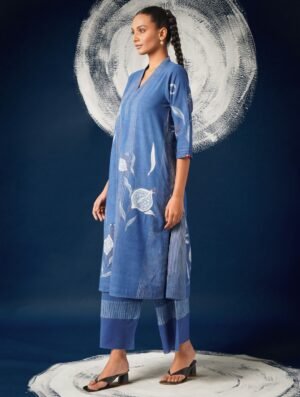 Women Blue Cotton Slub Dabu Kurta With Palazzo