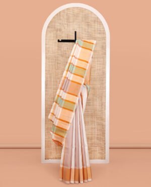 Cream-Base Mayuri Soft Silk Saree, Delicately Woven With Multi-Color Stripes On Its Body, Complemented By A Sparse Pallu Of Thazampoo Rekku Designs, And Paired With A Matching Blouse