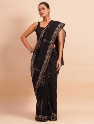 Black Cotton Silk Ajrakh Printed Saree