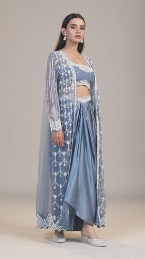 Grey Sharara Suit Paired With Cutdana, Pearls Work Choli