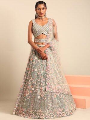 Women 'S Sea Green Net Multi Sequins With Heavy Zarkan Embroidery Ready To Wear Lehenga Choli & Dupatta