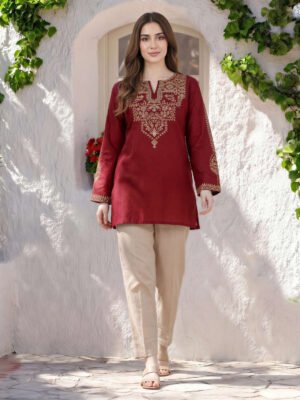 Self Jacquard Kurti- Embroidered