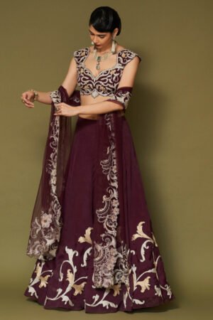 Wine Embroidered Silk Organza Lehenga Set