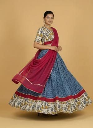 Amba X Tyohaar | Blue & Green Handblock Printed Flarefit™ Lehenga Set With Dupatta