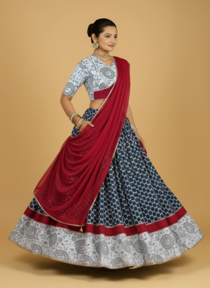 Naval X Tyohaar | White & Blue Handblock Printed Flarefit™ Lehenga Set With Dupatta