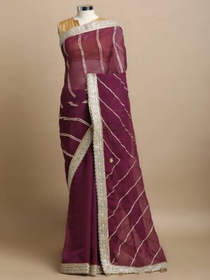 Kalindi X Tyohaar | Velvet Plum Viscose Organza Saree With Handcrafted Geometric Gota Work