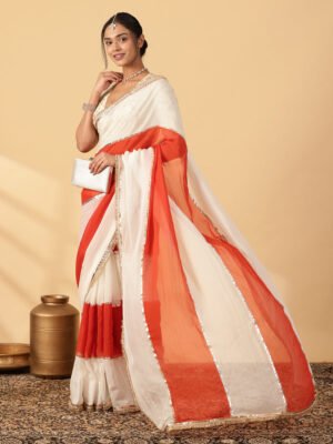 Candy Orange & Frost White Viscose Organza Multi Panelled Saree With Designer Lace
