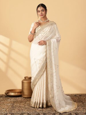 Cream Viscose Butta Saree With Organza Pallu & Hand Gota Work