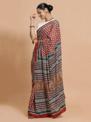 Hand Block Bagru Print Red Cotton Mulmul  Saree