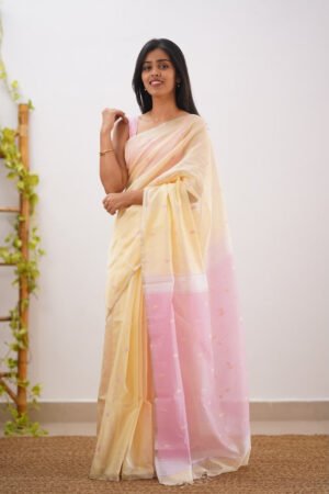 Exp - Maanvi- Creamish Yellow And Pastel Pink Maheswari Silk Cotton Saree
