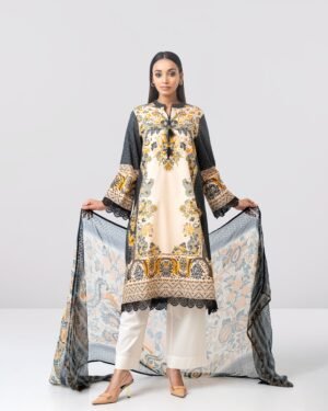 Smart Fit Printed Two-Piece Lawn With Chiffon Dupatta by Yellow, South Asian ethnic wear
