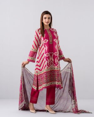 Smart Fit Printed Three-Piece Lawn With Chiffon Dupatta