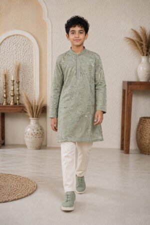 Sage Green Sequin & Thread Floral Embroidered Kurta & Pyjama Set For Boys