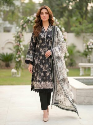 3 Piece Unstitched Printed Embroidered With Printed Lawn Dupatta