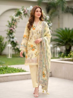 3 Piece Unstitched Printed Embroidered With Printed Lawn Dupatta