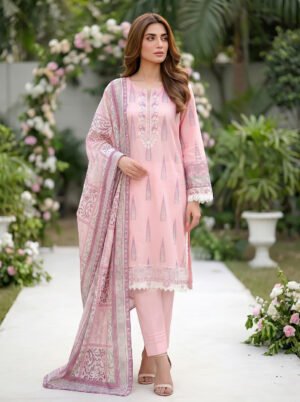 3 Piece Unstitched Printed Embroidered With Printed Lawn Dupatta
