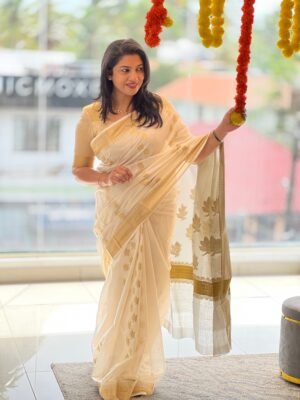 Leaf Motifs Power Loom Kerala Cotton Saree |  Rlf188