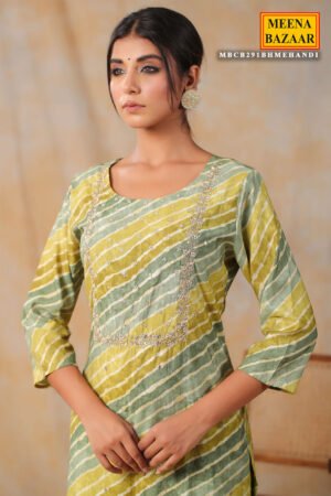 Mehandi Muslin Printed Neck Embroidered Kurtis Pant Set