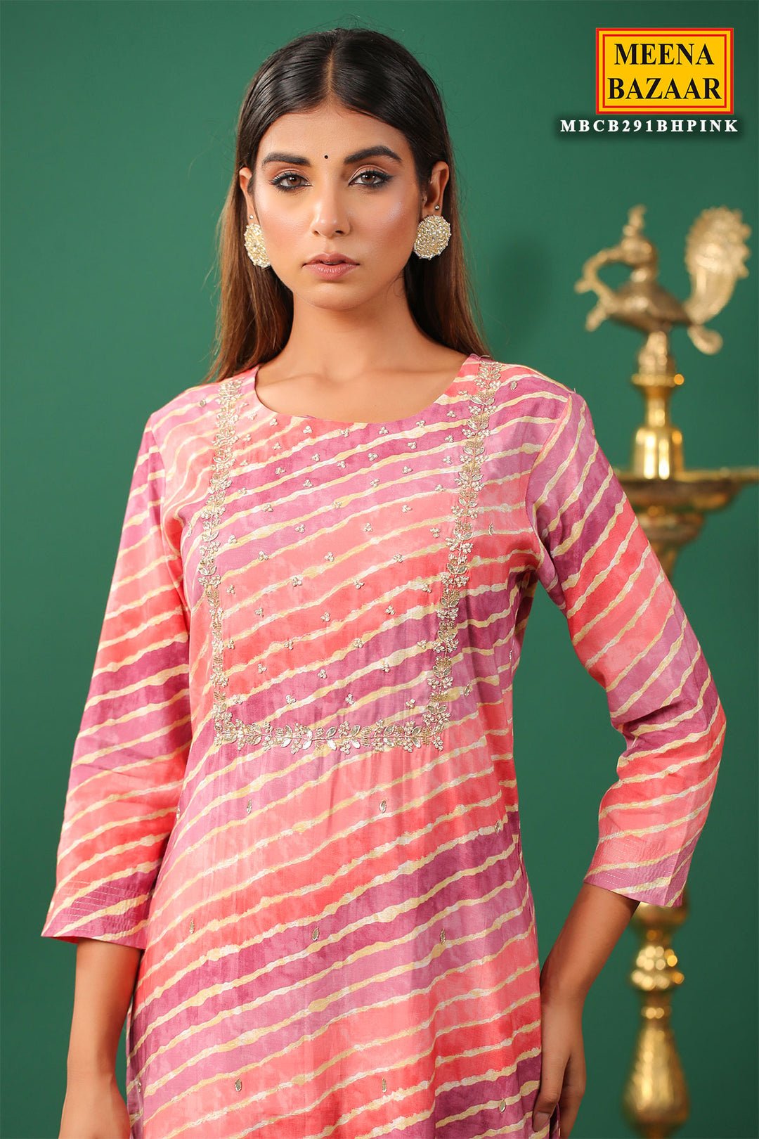 Pink Muslin Printed Neck Embroidered Kurti Pant Set