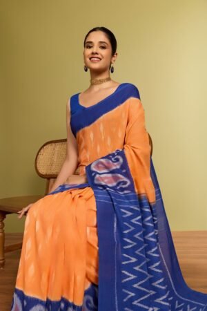 Orange Pochampalli Pure Cotton Ikat Saree