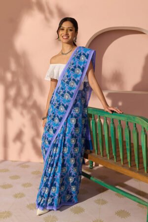 Blue Bengal Screen Printed Pure Cotton Mulmul Saree