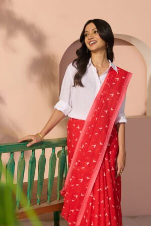 Red Bengal Screen Printed Pure Cotton Mulmul Saree
