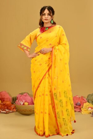 Corn Yellow Cotton Printed Saree