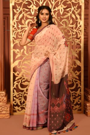Salmon Pink Half Silk Saree With Print & Embroidery