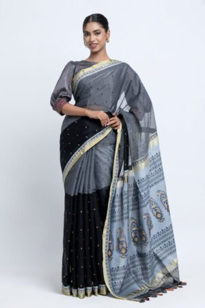 Black & Ash Half Silk Printed Saree