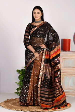 Black Half Silk Printed & Embroidered Saree