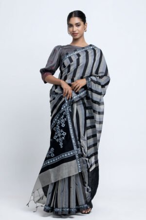 Black & Ash Half Silk Printed Saree