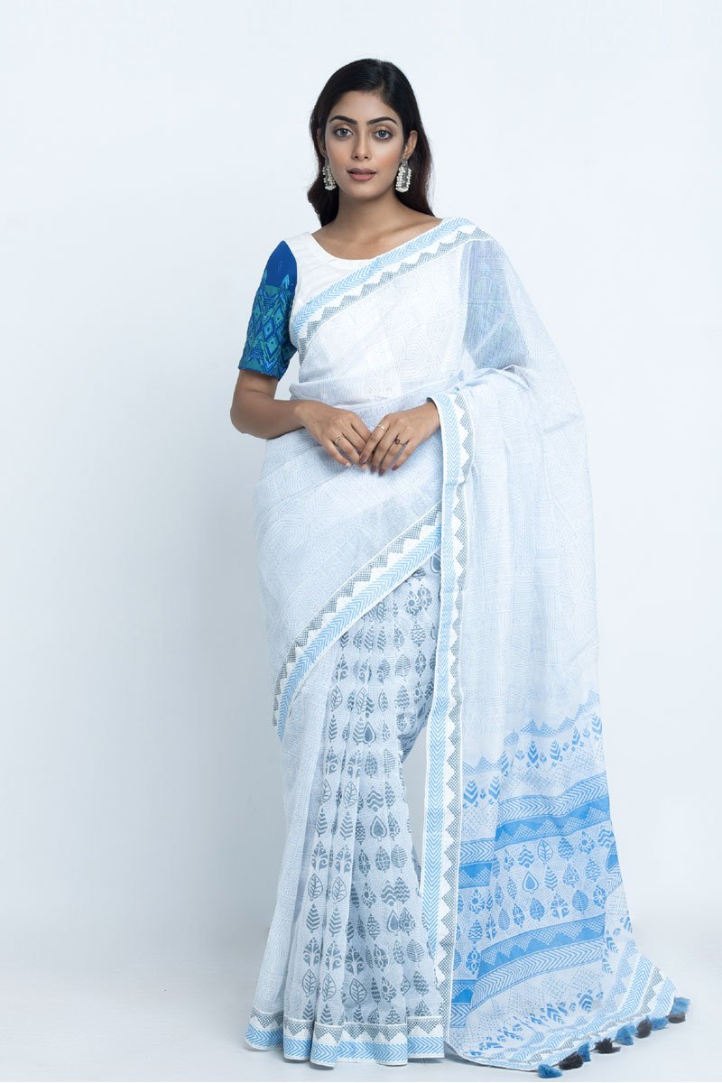 White Half Silk Printed Saree