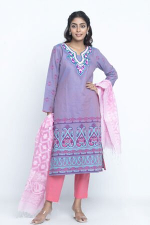 Lavender Cotton Printed & Hand Embroidered Salwar Kameez Set